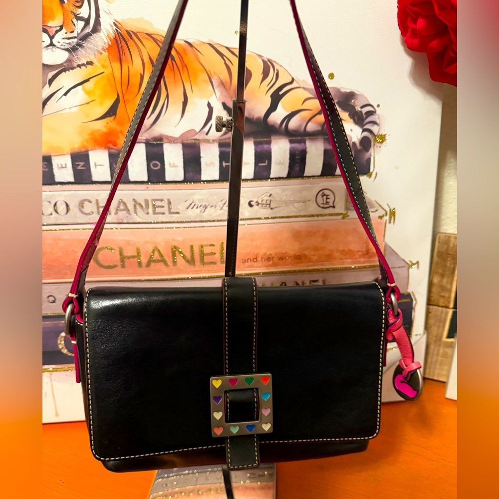 Dooney &  Bourke Black Leather Shoulder Bag with Pink Strap and Heart Accent